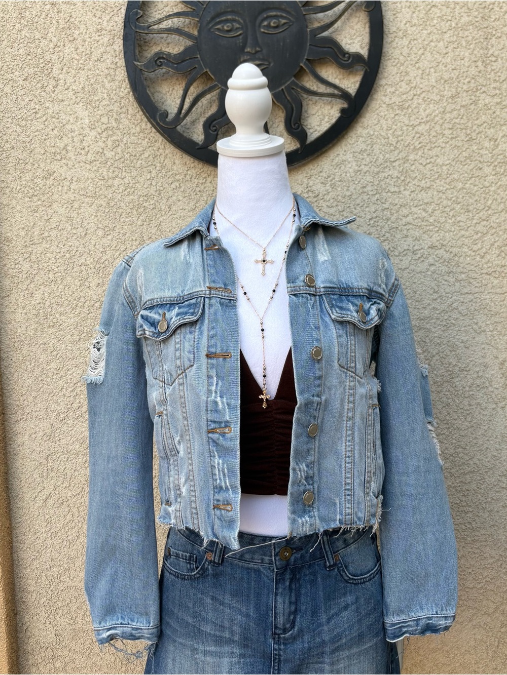 Angel Kiss Light Wash Cropped Distressed Denim Jacket Ripped Frayed Grunge Indie